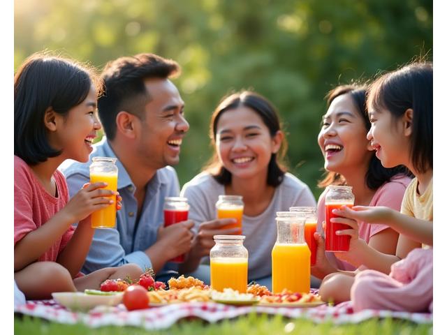 Keluarga bersantai di majlis sambutan, menikmati pelbagai smoothie berwarna-warni dan buah-buahan segar.