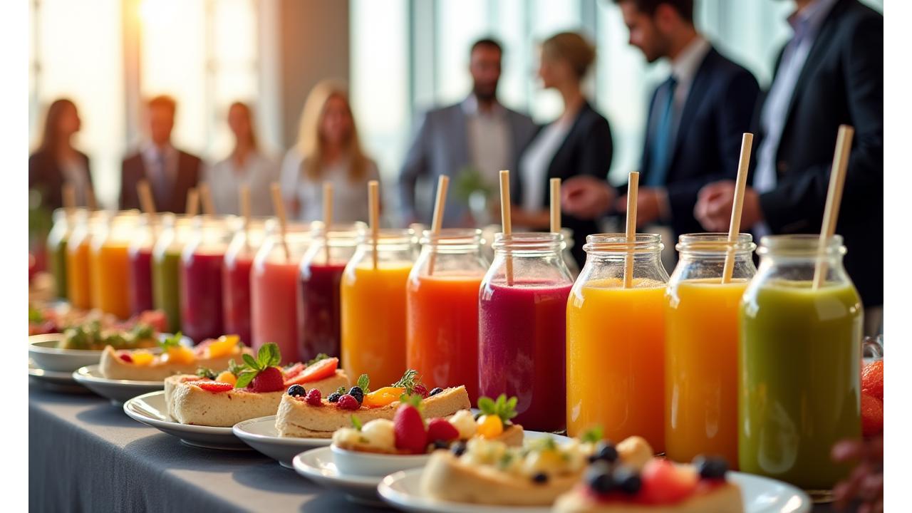 Meja catering yang elegan dengan pelbagai jus buah segar dan snek sihat, disusun indah untuk acara korporat.