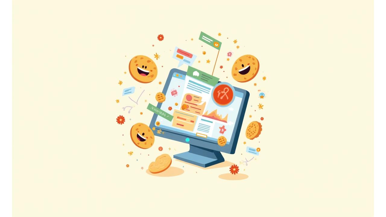 Berbagai ikon cookie dan data digital terapung di sekitar peranti
