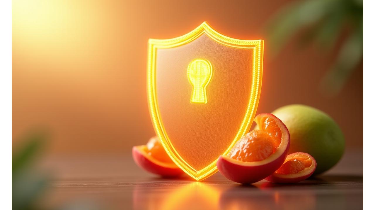 Perlindungan data peribadi dengan ikon perisai dan buah-buahan