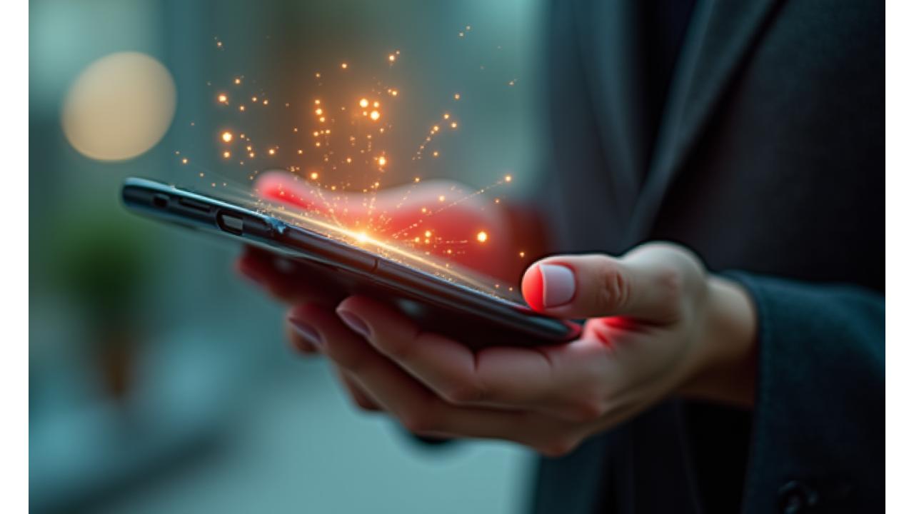 Tangan memegang smartphone dengan elemen kawalan privasi data