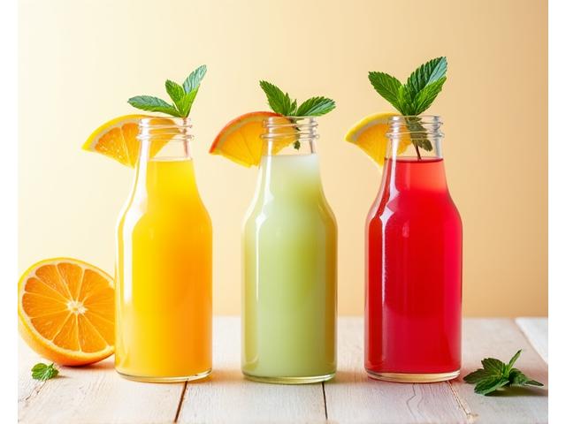 Pilihan jus buah segar dari oren, epal, tembikai di Tropika Quench