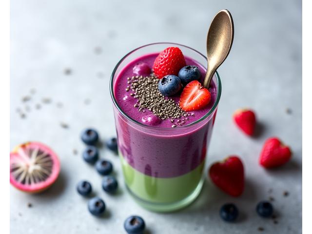 Smoothie premium superfood dengan yogurt dan buah-buahan eksotik