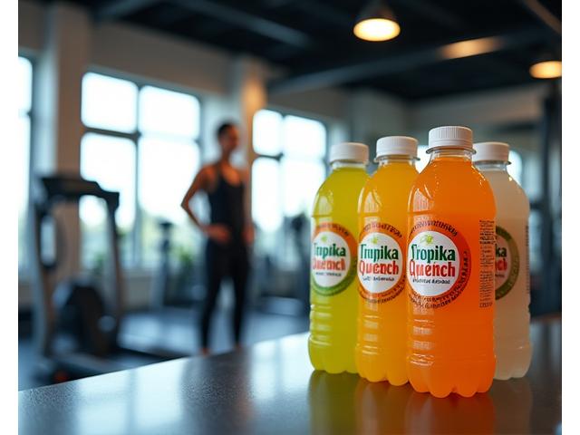 Peralatan gim moden dengan botol jus Tropika Quench kelihatan di tepi.
