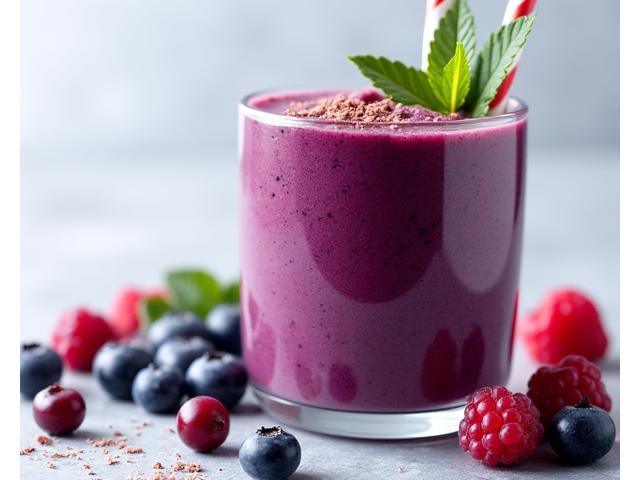 Smoothie Pasca-Senaman berwarna ungu dengan beri dan serbuk protein