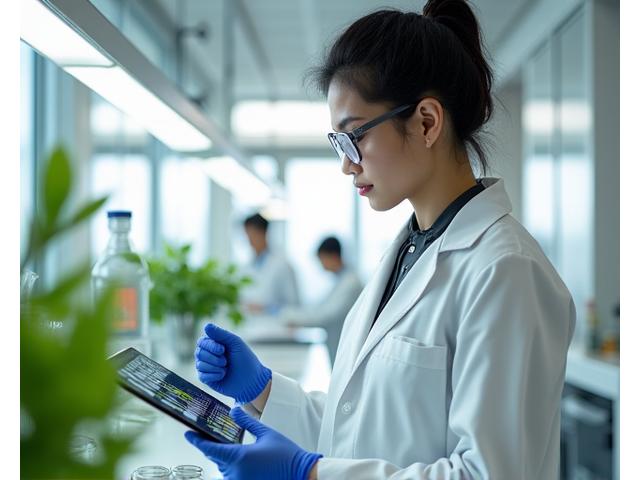 Pakar nutrisi menganalisis data nutrisi dalam persekitaran makmal yang bersih.
