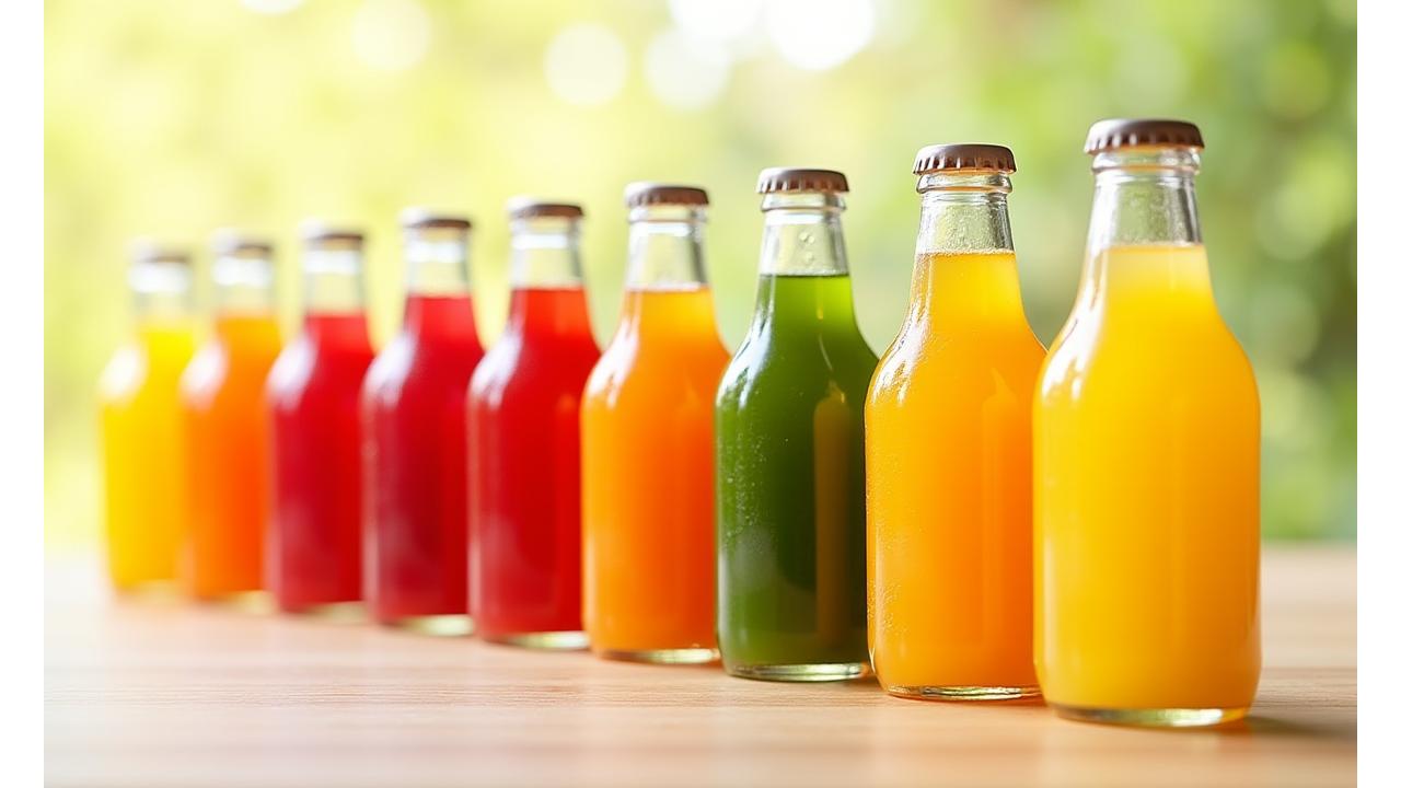 Botol-botol jus kaca premium yang baru diperah tersusun rapi