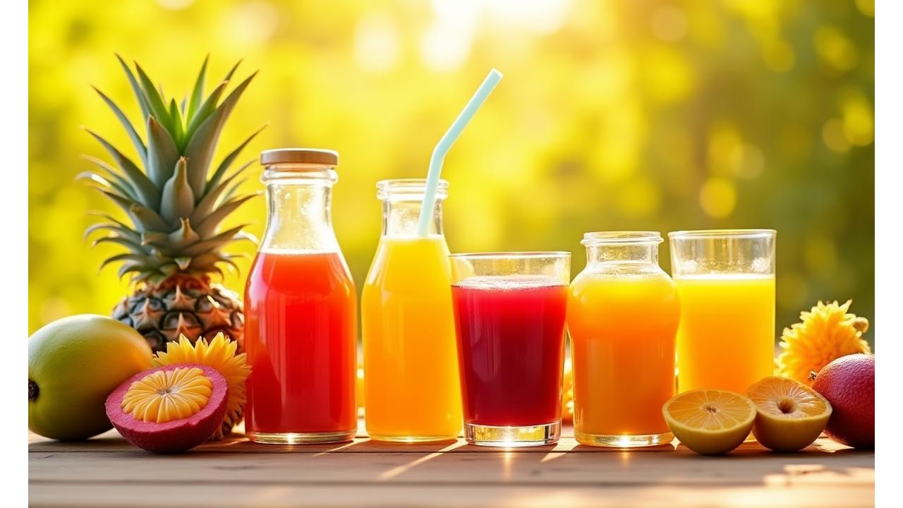 Pelbagai jus buah segar berwarna-warni di hadapan latar belakang buah-buahan tropika Malaysia