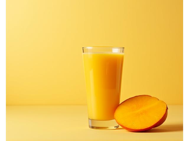 Segelas jus mangga kuning cerah dengan hirisan mangga