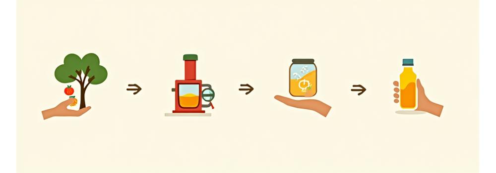 Infografik Step-by-step proses pembuatan jus cold-press dari buah ke botol