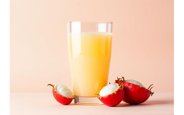 Segelas jus rambutan jernih dengan buah rambutan
