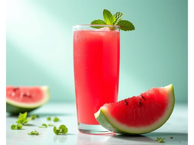 Segelas jus tembikai merah dengan hirisan segar