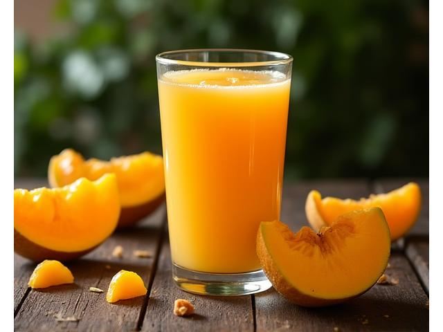 Jus Cempedak kuning keemasan dalam gelas dengan pulpa cempedak di sekelilingnya, suasana tropika.