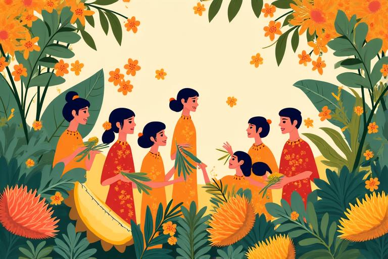 Ilustrasi lukisan tangan gaya batik menunjukkan elemen budaya Malaysia yang menyambut perayaan buah-buahan seperti durian dan rambutan.