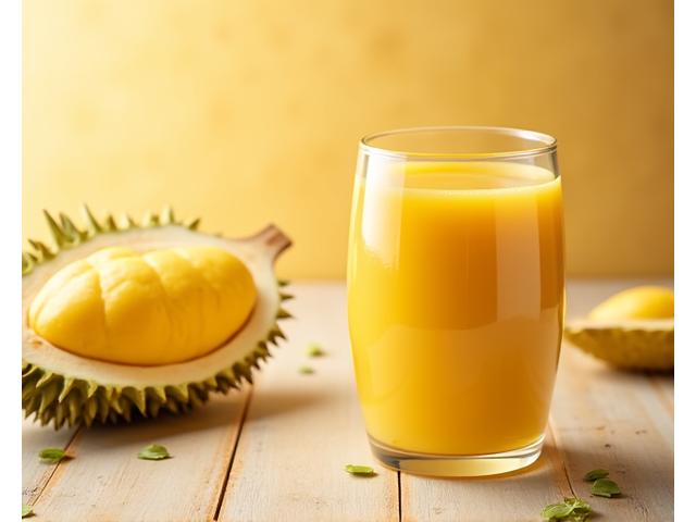 Jus Durian Musang King yang pekat dan berkrim dalam gelas, dihiasi ulas durian segar.