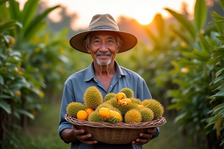 Petani Malaysia tua sedang tersenyum memegang hasil buah-buahan tropika di ladang mereka.