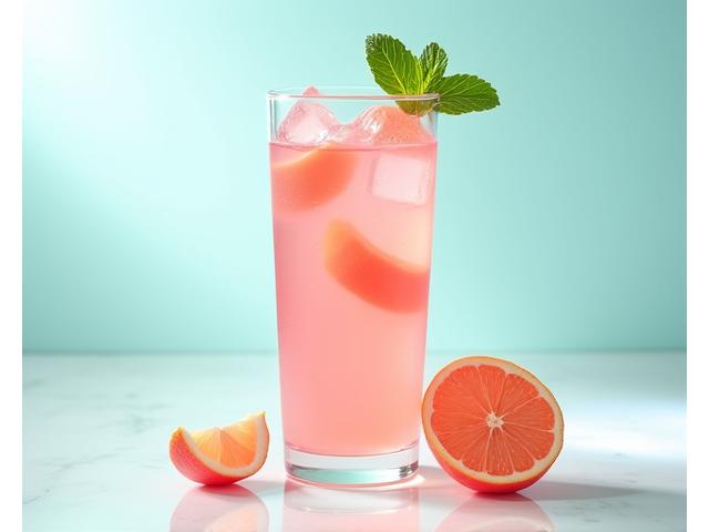 Jus Jambu Air merah jambu yang jernih dalam gelas tinggi, dihiasi hirisan jambu dan daun pudina.