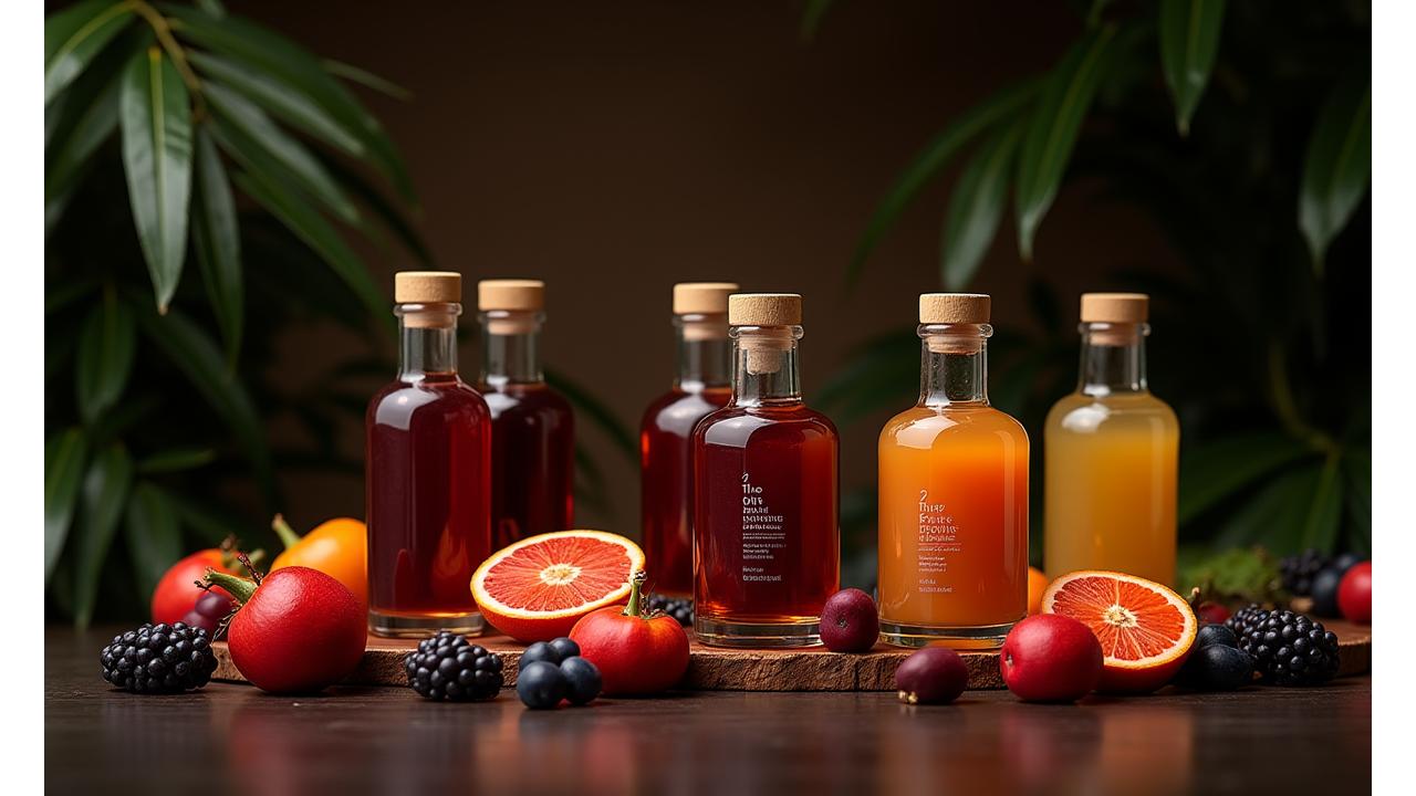 Susunan botol jus kaca premium dengan label rekaan eksklusif, diletakkan di atas kayu rustic dengan buah-buahan eksotik langka di sekelilingnya, suasana mewah.