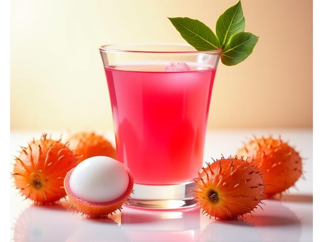 Jus Pulasan merah terang dalam gelas kecil, dihiasi buah pulasan segar di sampingnya dengan latar belakang daun tropika.