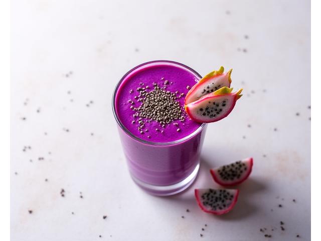 Smoothie naga ungu cerah dengan hiasan buah-buahan