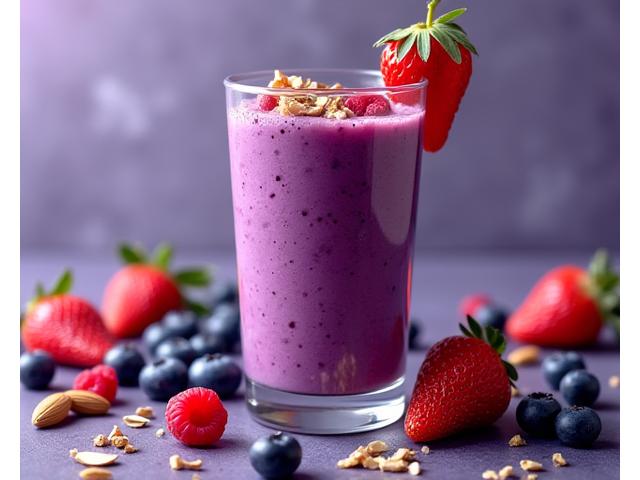 Berry Blast Smoothie dengan beri campuran, yogurt, dan protein powder.