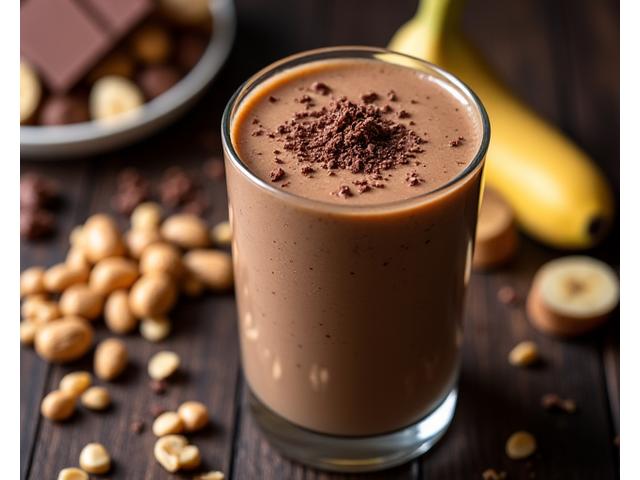 Chocolate Peanut Smoothie dengan pisang, mentega kacang, koko, dan yogurt.