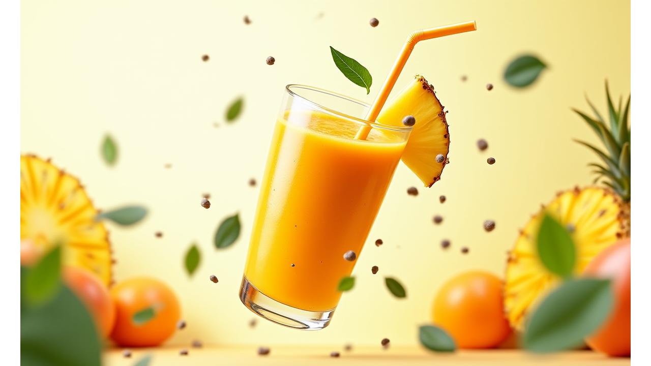 Smoothie segar dengan buah-buahan tropika dan bahan superfood terbang di udara.