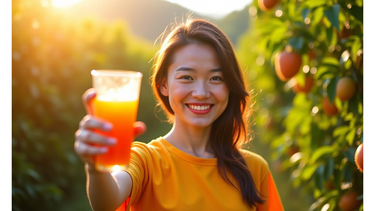 Seorang wanita Malaysia tersenyum gembira, memegang segelas jus tropika segar di kebun buah-buahan yang cerah